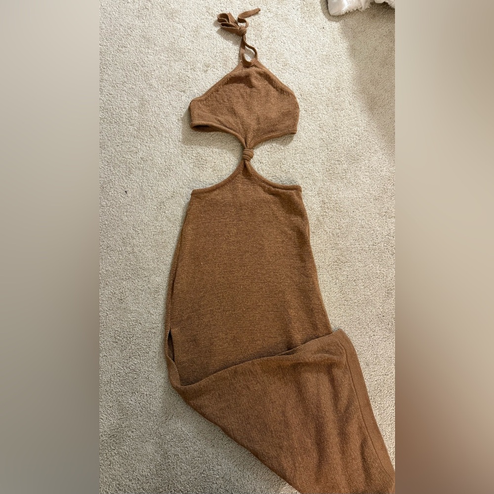 Beige Botany Brown/Mocha Knit Cutout Halter Dress with slits size L